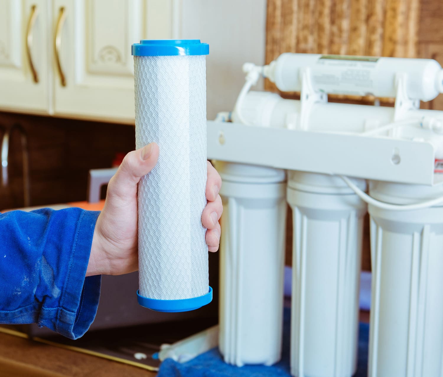 Plumber showcasing a home water filter